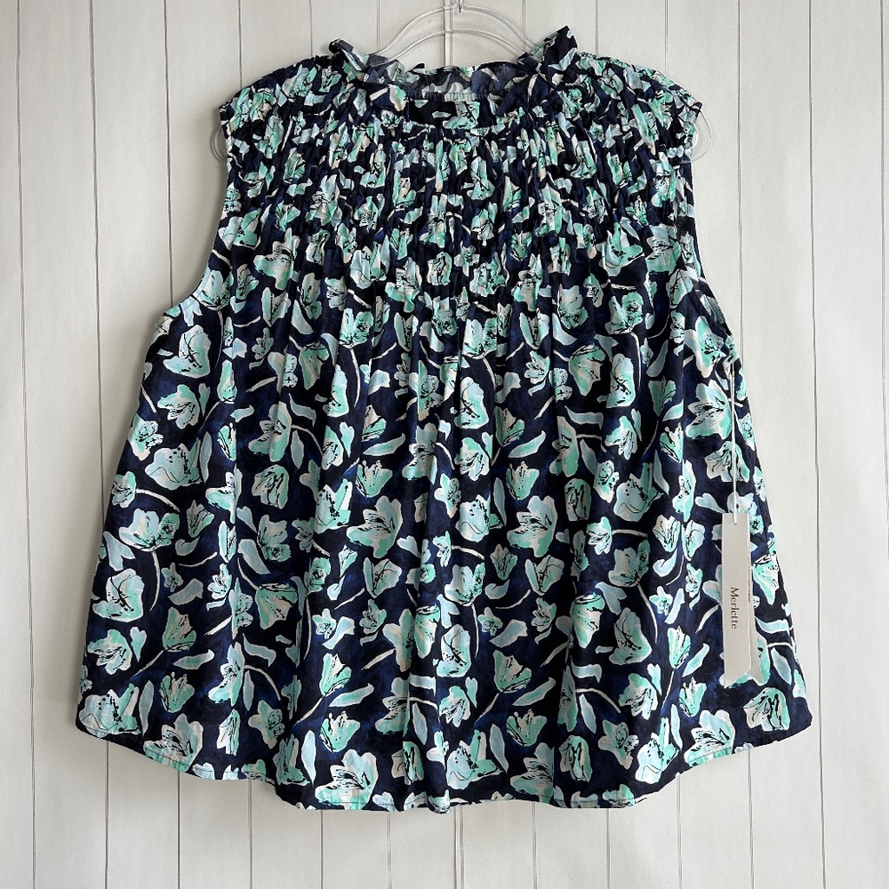 Merlette size L Xanica blouse blue floral 100% cotton smocked mock neck NEW
